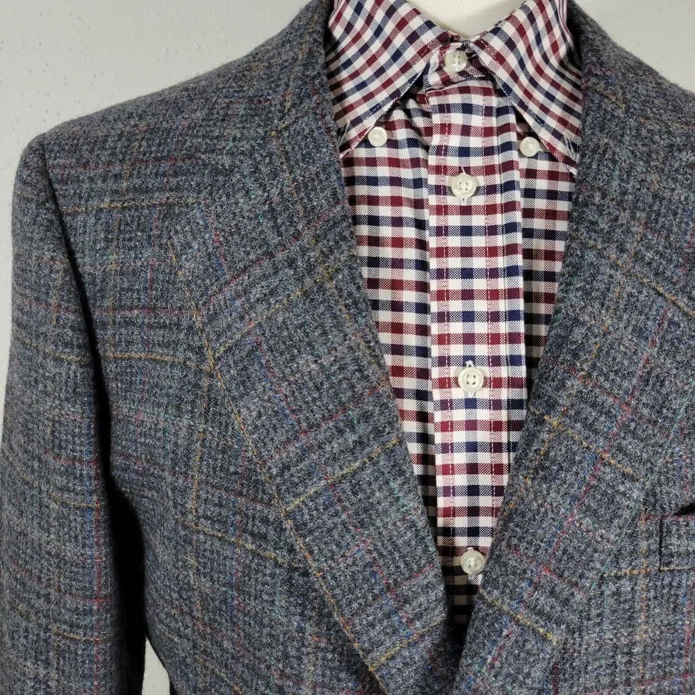 VTG John Alexander Men's Tweed Sport Coat Blazer‎ Two Button Plaid Gray Sz 44R